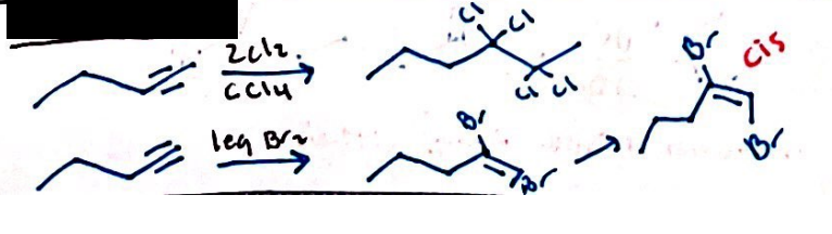 <ul><li><p>form a <span style="color: red">cis alkene</span> when reagent is: <mark data-color="yellow" style="background-color: yellow; color: inherit">leg Br<sub>2</sub></mark></p></li><li><p>add amount of halogens specified example of reagent: <mark data-color="yellow" style="background-color: yellow; color: inherit">2Cl<sub>2</sub> / CCl<sub>4</sub></mark></p></li></ul><p></p>