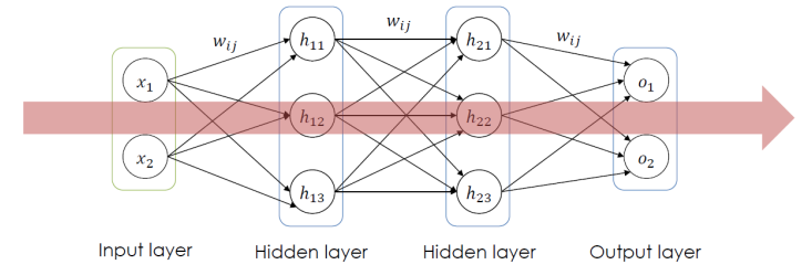 <ul><li><p>Data flows from input → hidden layers → output.</p></li><li><p>Each layer: multiply inputs by weights, add bias, apply activation function.</p></li><li><p>Non-linear activation functions help learn complex patterns.</p></li></ul><p></p>