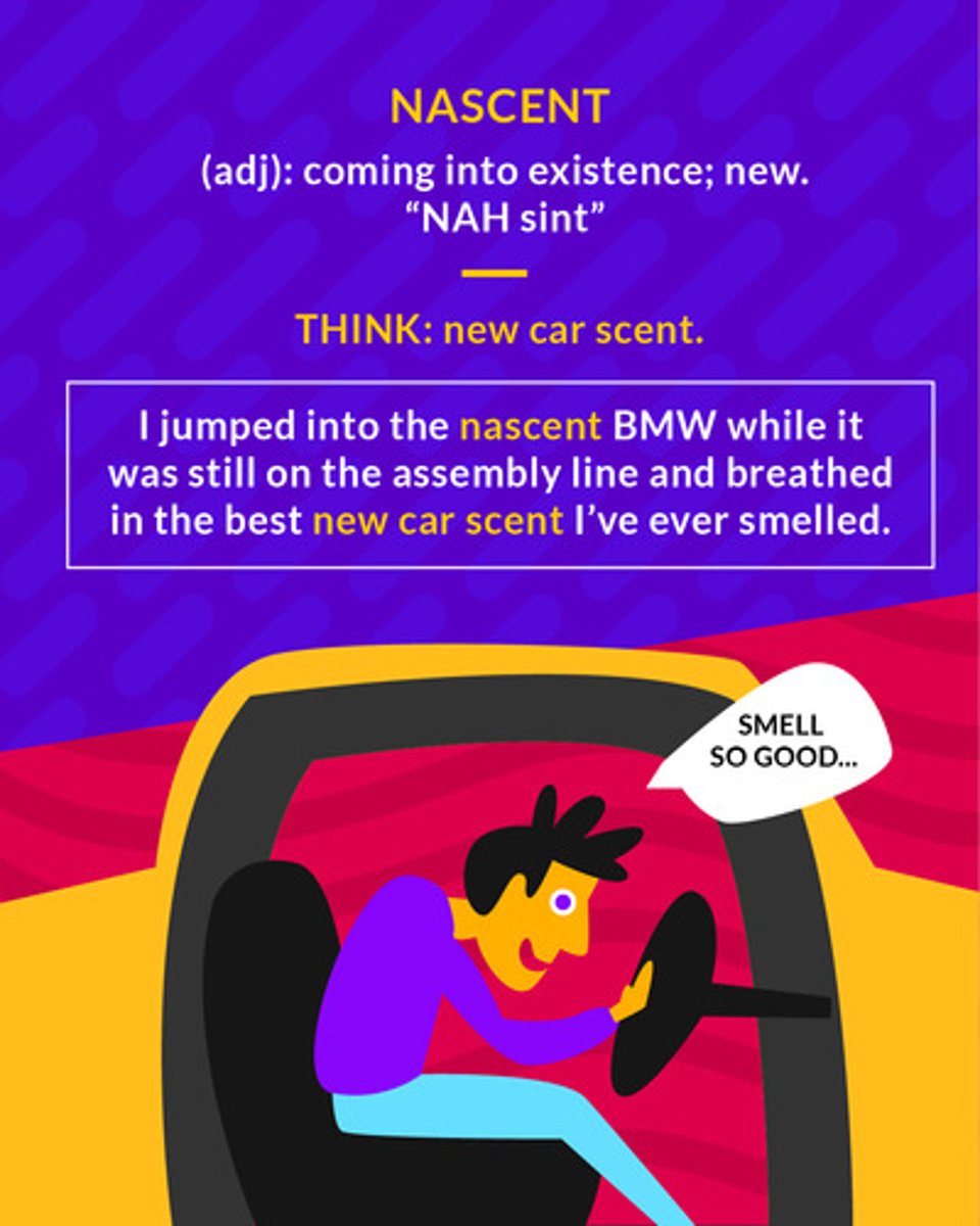 <p>(adj.) coming into existence; emerging</p><p>(adj.) new</p>