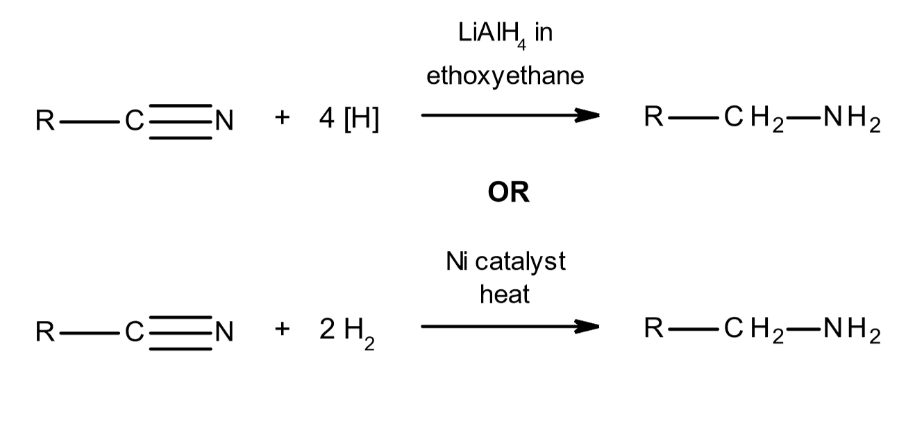 <p>first step is nucleophilic substitution of halogenoalkane with cyanide ion as above</p><p>then react with either:</p><p>LiAlH<sub>4</sub> in ethoxyethane or nickel catalyst, heat and H<sub>2</sub></p>