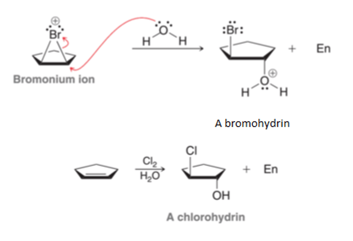 <p>The addition of Br and OH across an alkene which occurs when a molecular halogen is used in the presence of water. When bromine is used in the presence of water, the product is called <b>bromohydrin</b> and when chlorine is used in the presence of water, the product is called <b>chlorohydrin</b></p>