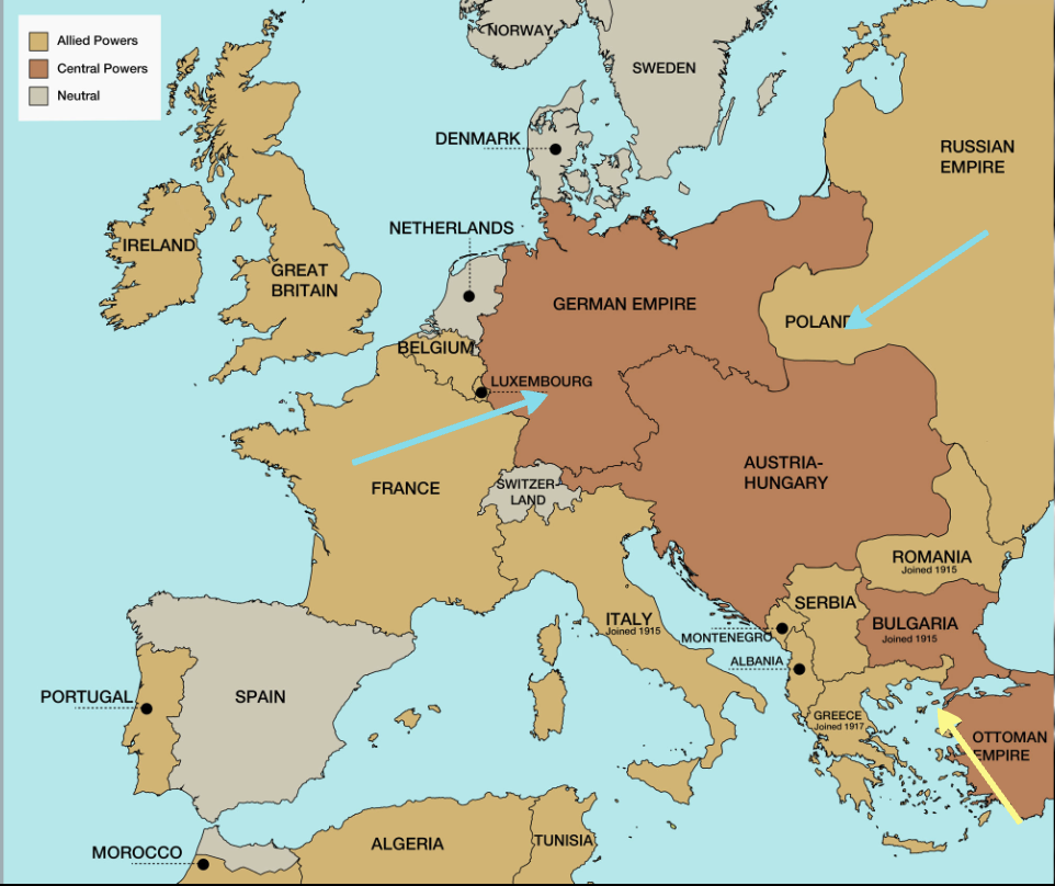 <p>Stalemate</p><p>Attacks on German trenches lead to huge casualities<br>Britain’s attempt to open up a second front at Gallipoli in Turkey was a failure</p><p>Winston Churchill → invade from down through Ottoman empire, Gallipoli Dardanelles</p><p>Picking people off from up on the hills (Anzac Day)</p>