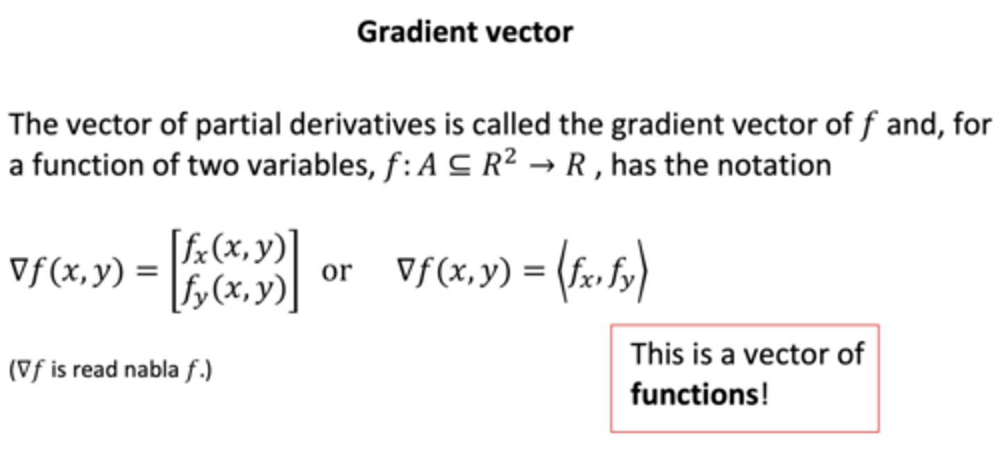 <p>the multivariable generalization of derivatives. in n dimensions, it is an n-1 dimensional vector where the kth term is the partial derivative of f(x) with respect to the kth variable</p>