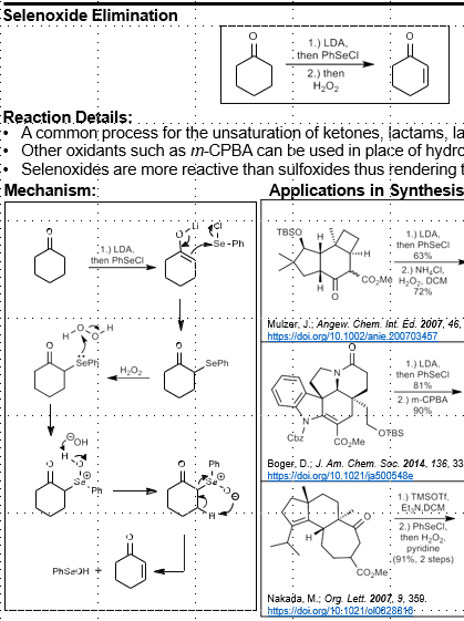 <p>Ketone to alpha-beta unsaturated ketone</p><p></p><p>PhSeCl reagent. Can use other peroxides instead of H2O2</p>