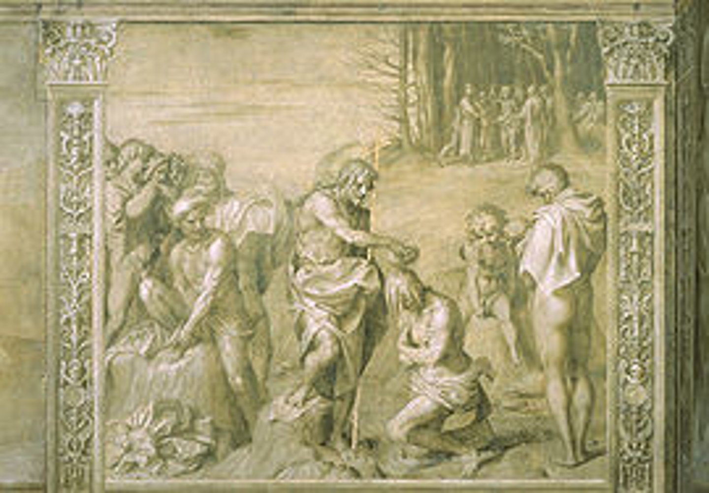 <p>A painting technique executed entirely in shades of gray (or another neutral color) to imitate sculpture or create subtle tonal effects.</p>
