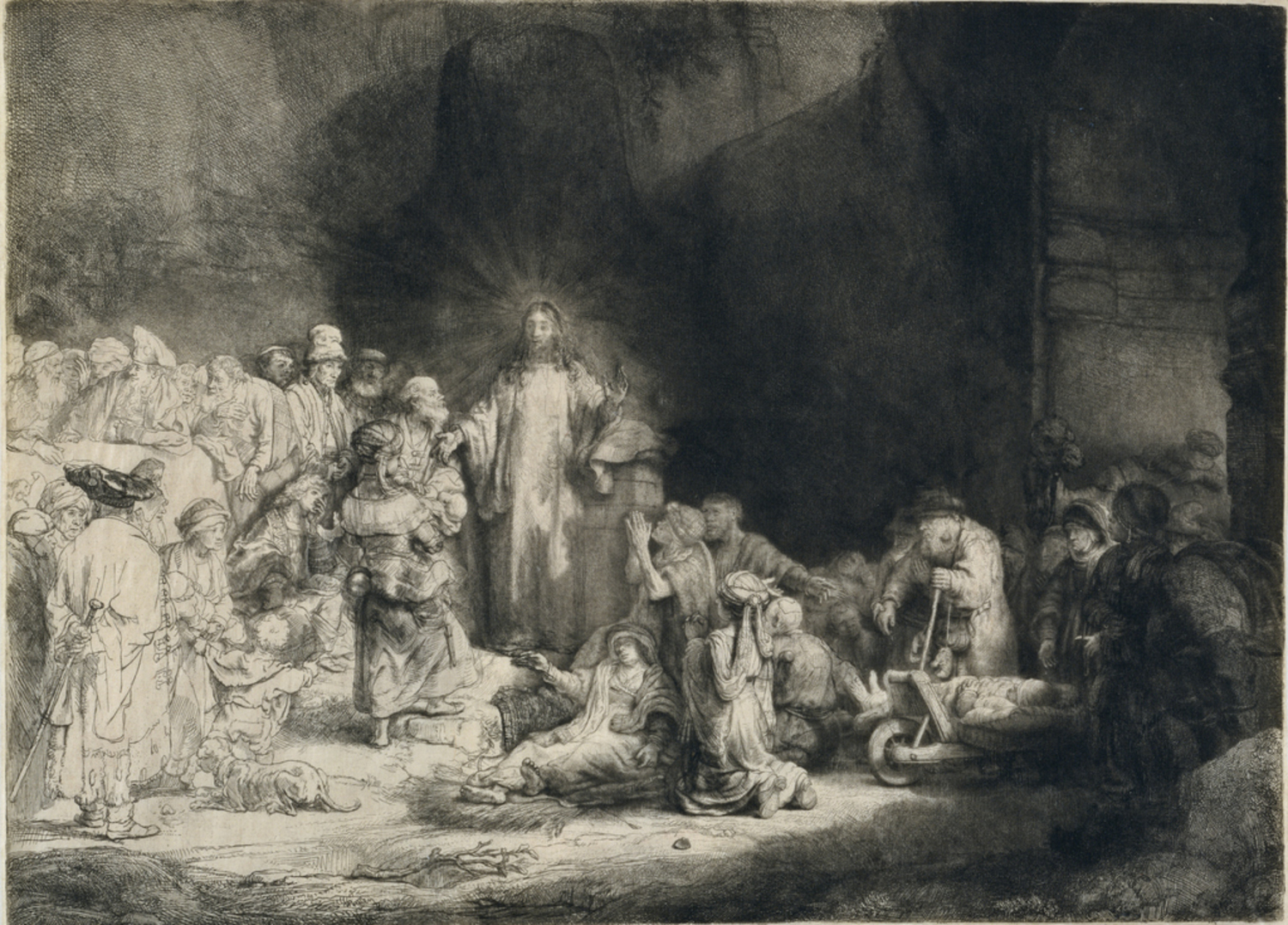 <p>a print, dark shadows and light </p>