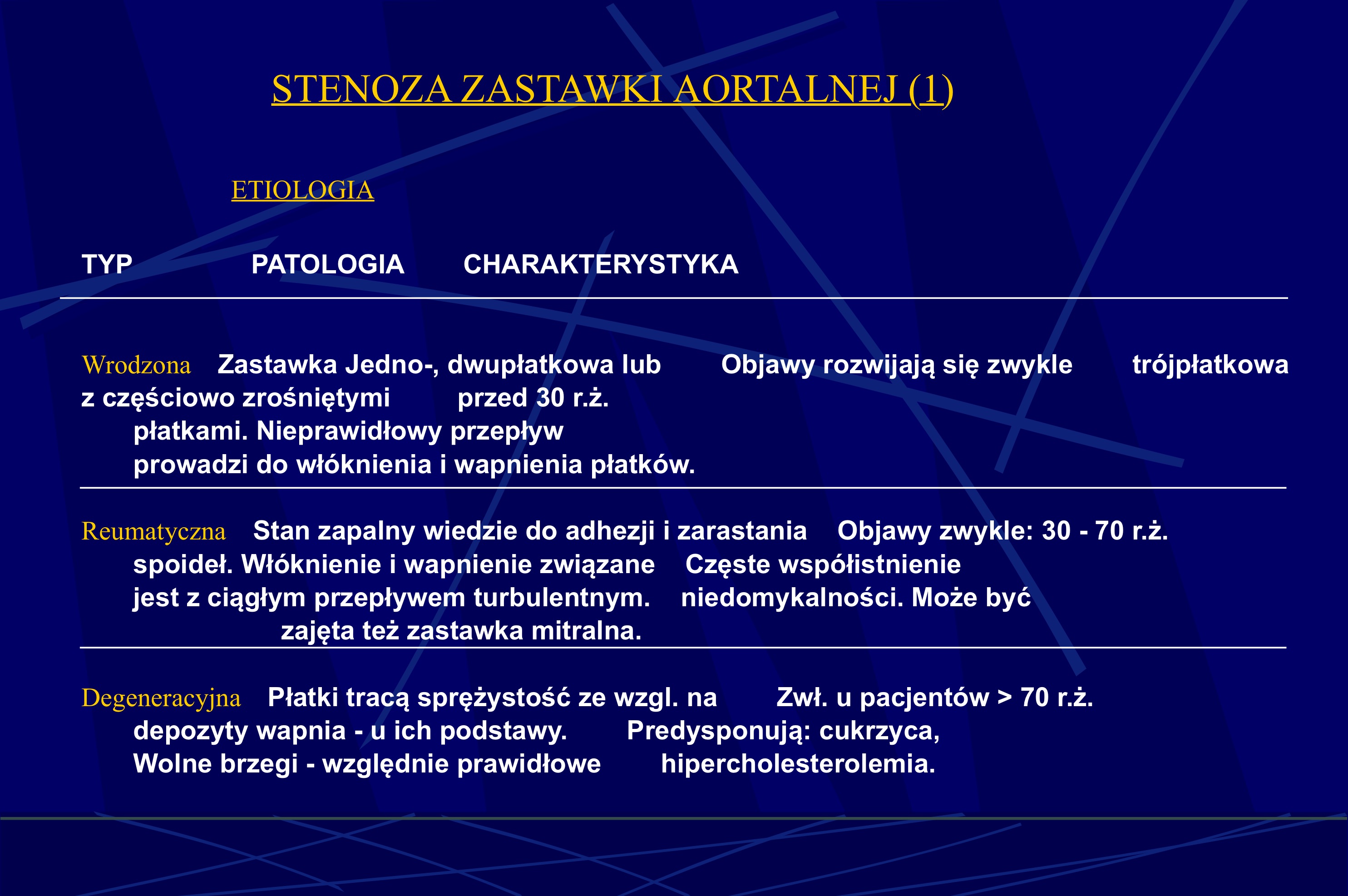 <ul><li><p>zmiany zwyrodnieniowe związane z wiekiem</p><ul><li><p>kalcyfikacje obejmujące pierścien zastawkiz późnym zajęciem płatków i spoideł</p></li></ul></li><li><p>reumatyczne, rzadziej bakteryjne zapalenie wsierdzia</p><ul><li><p>zmiany zapalne, a następnie włóknienie i kalcyfikacje obejmuja płątki zastawki, spoidła i nici ścięgniste</p></li><li><p>wtedy często towarzyszy niedomykalność&nbsp;zastawki </p></li></ul></li></ul><p></p>