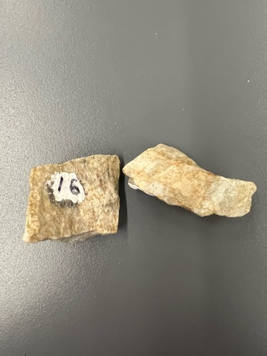 <ul><li><p>White/grey/brown</p></li><li><p>Perfect cleavage in 1 direction, good cleavage at 90 degrees</p></li><li><p>Hardness: 6-6.5</p></li></ul>