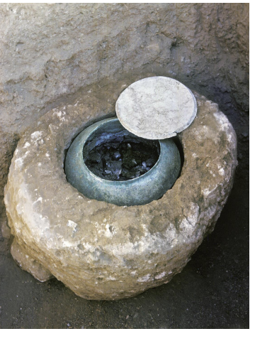 <p>Bronze cremation urn w/ marble lid and stone receptacle</p>