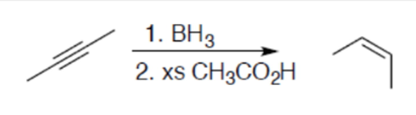 <p>Carbocation: no</p><p>Regiochemistry: N/A</p><p>Stereoselectivity: syn</p><p>Reagent(s): 1. BH3 2. xs CH3CO2H</p><p>- Turns internal alkyne into (Z)-alkene</p>