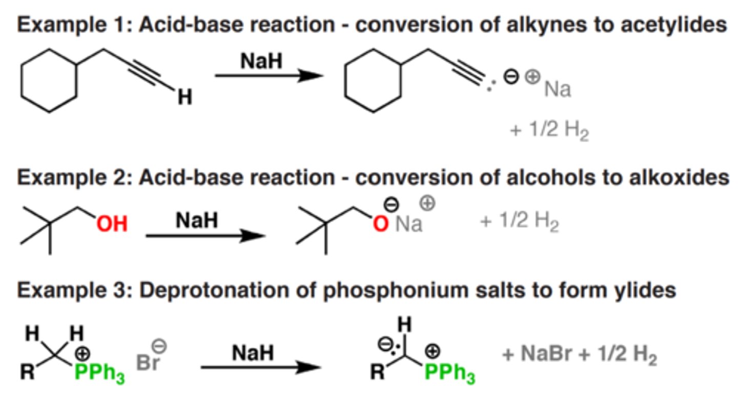 <p>- A strong base and a poor nucleophile (bc H only has one lone pair of e^-)</p><p>- It is useful for deprotonating alcohols and alkynes, among others. One advantage of using NaH is that the by-product is H2, a gas that does not further interfere with the reaction.</p><p>- similar to LiH, KH</p>