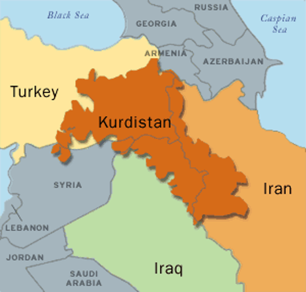 <p>B The Kurdish people, seeking a state of their own with a majority Kurdish population, might secede from or rebel against the states labeled on the map.</p>