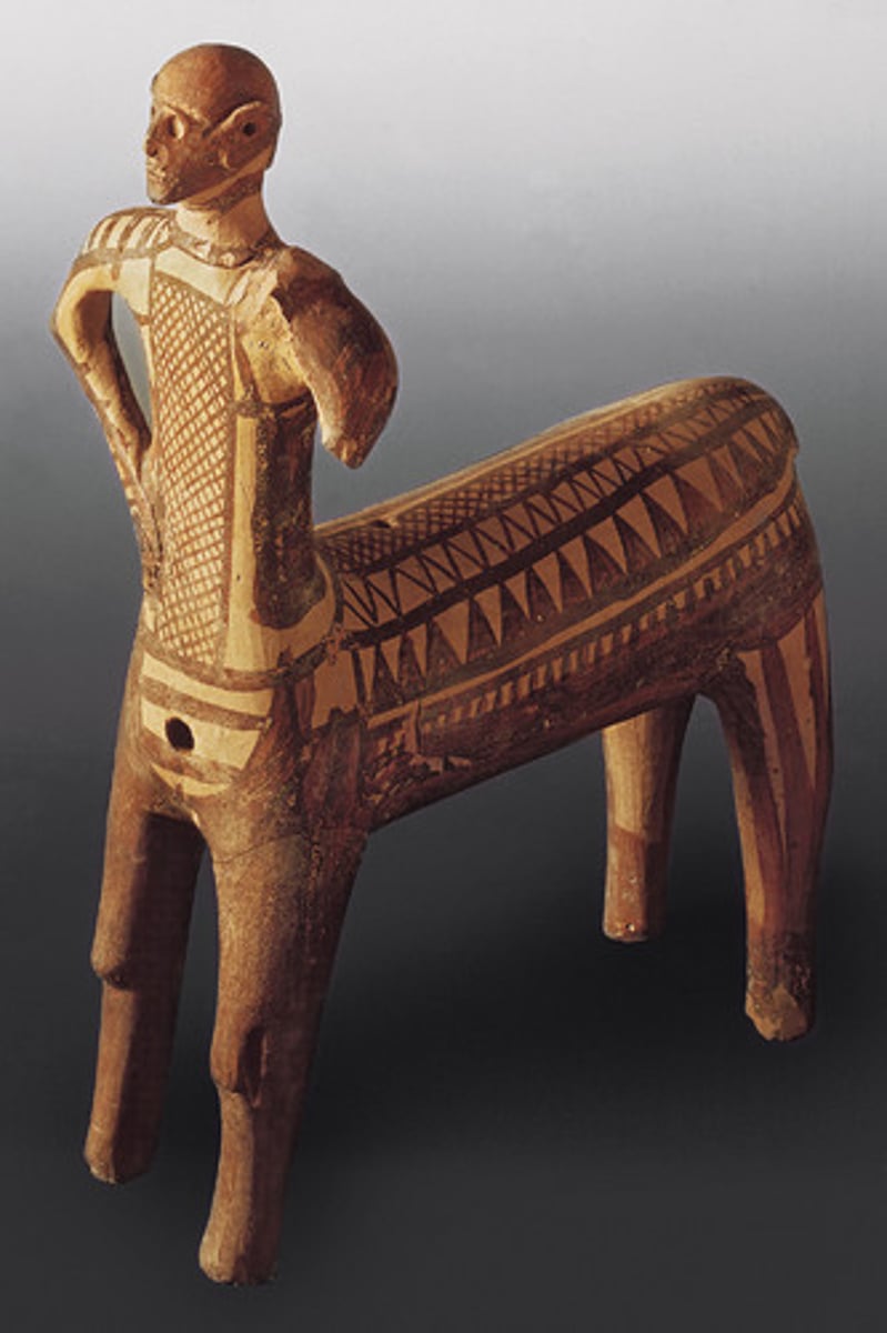 <p>Terracotta figurine from the Early Iron Age (ca. 900 BCE); represents a centaur; significant for its unique representation in Greek art.</p>