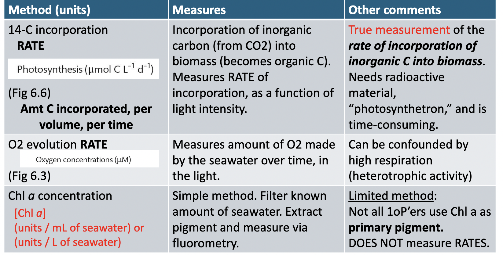 <ul><li><p>Conversion of C into biomass/org. C</p></li><li><p>Oxygen evolution rates</p></li><li><p>Concentration of chlorophyll <em>a</em></p></li></ul><p></p>