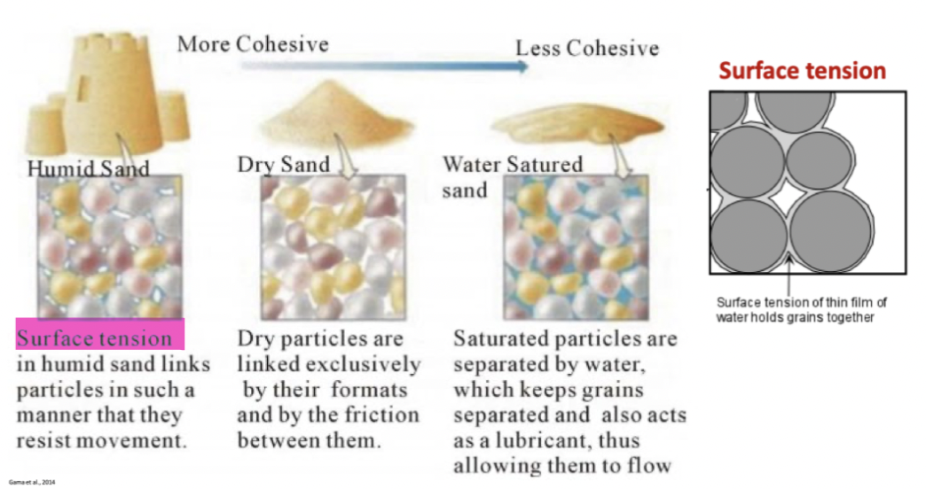 water increases cohesion of soil grains via surface tension. Thin film of water that covers sand grains and enables them to stick together= Makes slopes more stable

 

If the sand gets too wet it can flow like a fluid, water also adds weight to slopes so water will fill the gaps in the soil and push the air out. High rainfall events= trigger slope failure