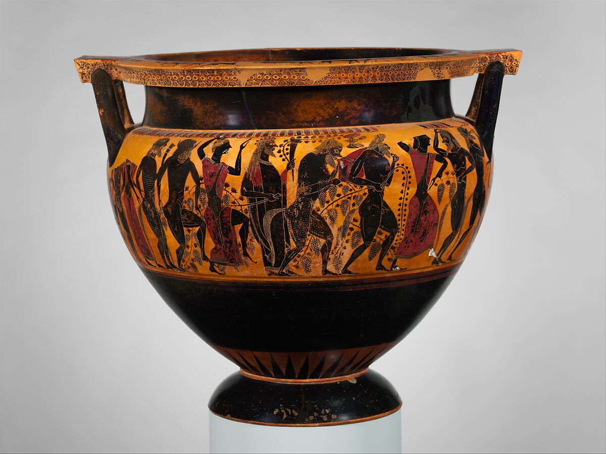 <p>Lydos: Attic black-figure column-krater - Return of Hephaistos, Greek, c. 550-540 BCE</p>