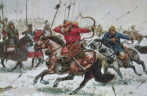 A people of this name is mentioned as early as the records of the Tang Empire, living as nomads in northern Eurasia. After 1206 they established an enormous empire under Genghis Khan, linking western and eastern Eurasia. >(p. 325)