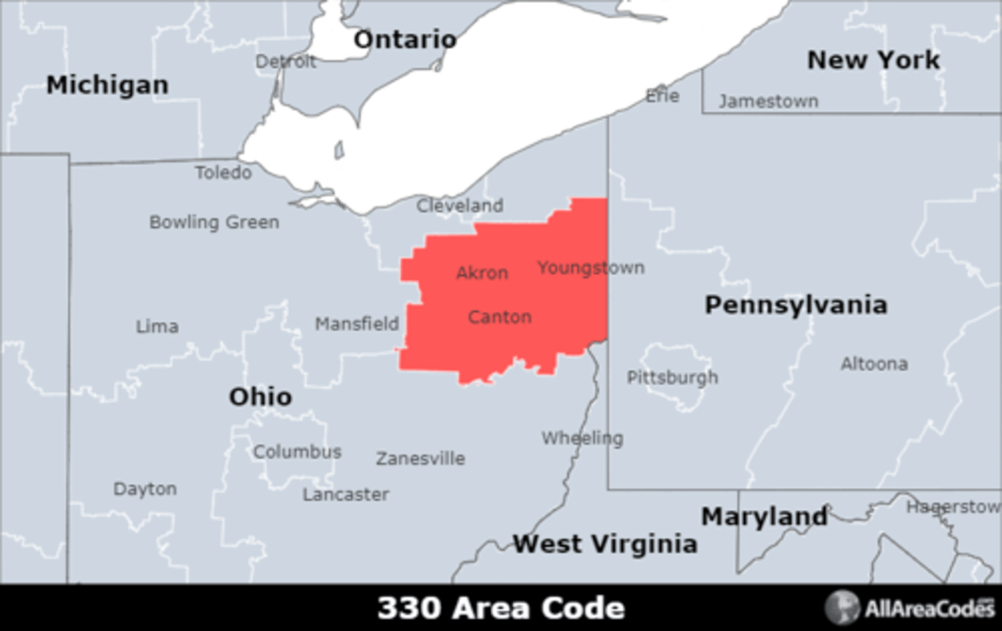 <p>Area code 330 serves northeastern Ohio except the area along Lake Erie. It includes the cities of Akron, Canton, and Youngstown. It has a single overlay (234) that serves the same area.</p>