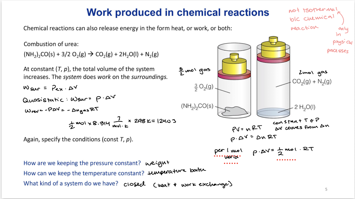 <p>Chemical reactions can also release energy in the form of heat, or work, or both. </p><p>Not considered isothermal even if temperature is held constant due to it being a chemical reaction rather than a physical process </p>