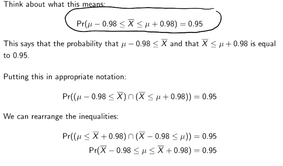 <p>From CLT, xbar - N(µ,100/400)</p><p></p><p>µ≤xbar+0.98 and vice versa<br>49.82≤µ≤50.8</p>