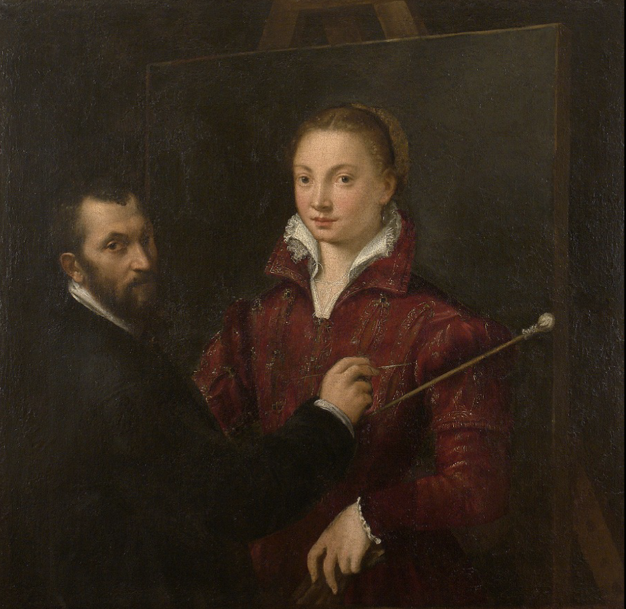 <ul><li><p>1559, oil on Canvas, Cremona (Northern Italy)</p></li><li><p>Double portrait painted by Anguissola</p></li><li><p>Depicts herself as wealthy</p></li><li><p>Campi (her teacher) shown holding tools of their shared trade</p></li><li><p>Female artists try to represent themselves, but not show as objects</p><ul><li><p>Which is being commentated on here since her portrait is larger than Campi’s</p></li></ul></li><li><p>Anguissola’s style vs. her teacher</p><ul><li><p>Stating she’s surpassed her instructor since he uses tool deemed weak/ amateur</p></li></ul></li><li><p>Could be homage to her teacher, but also pushes against limitations of being a woman artists and surpasses some thing</p></li></ul>