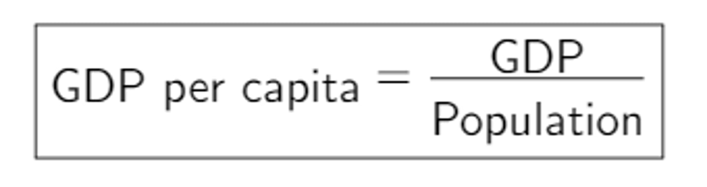 <p>Gross Domestic Product divided by the country's population; often used as a measure of a country's average wealth, development, and/or standard of living; does not factor cost of living; does not address income inequality; (GDP Per Capita at Purchasing Power Parity (PPP) factors in cost of living differences)</p>