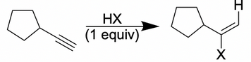 <p>1 equivalent HX reacts with a terminal alkyne</p>
