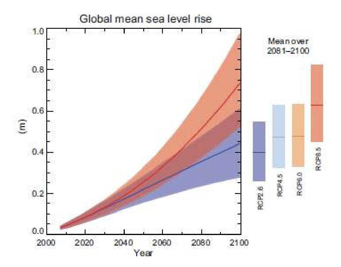 <p>Global mean sea level will continue to rise at a rate very likely to exceed the rate of the past four decades. Climate models calculate that the sea level may rise from 20 to 100 cm.</p>