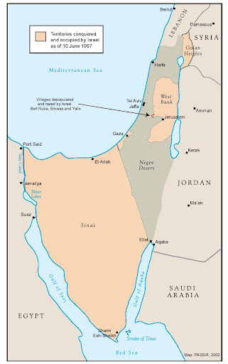 <p>6 day War</p><p>Israeli neighbors move their troops to the borders. Israeli attacks Egyptians, crushes their airforce, takes over Sinai Peninsula, takes over Syrian land, and takes administration of Palestinian territories. </p><p>From this point on US becomes string ally and sends Israel billions of dollars every year. </p>