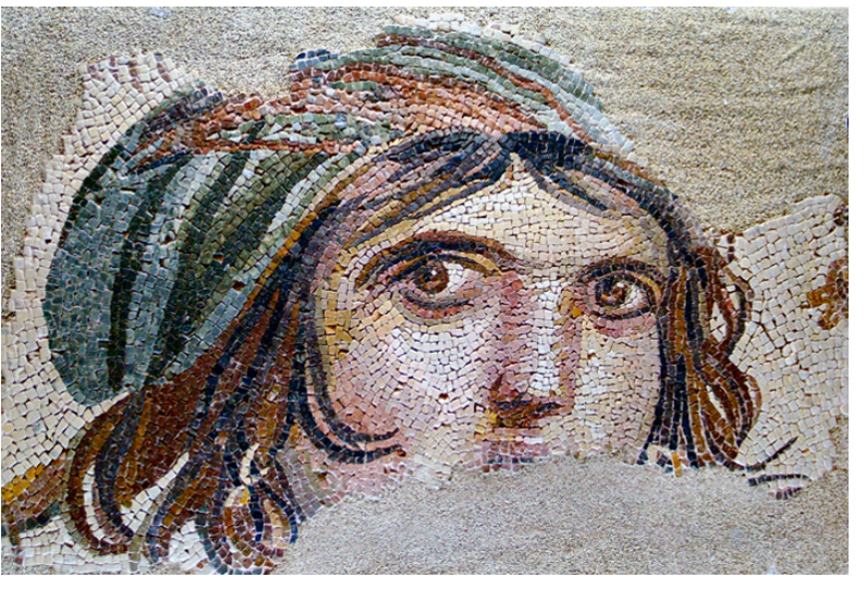 <p>a medium in which small, roughly cubic pieces of colored material (usually stone or glass) are embedded in mortar to create patterns or images. The small pieces are called tesserae</p>