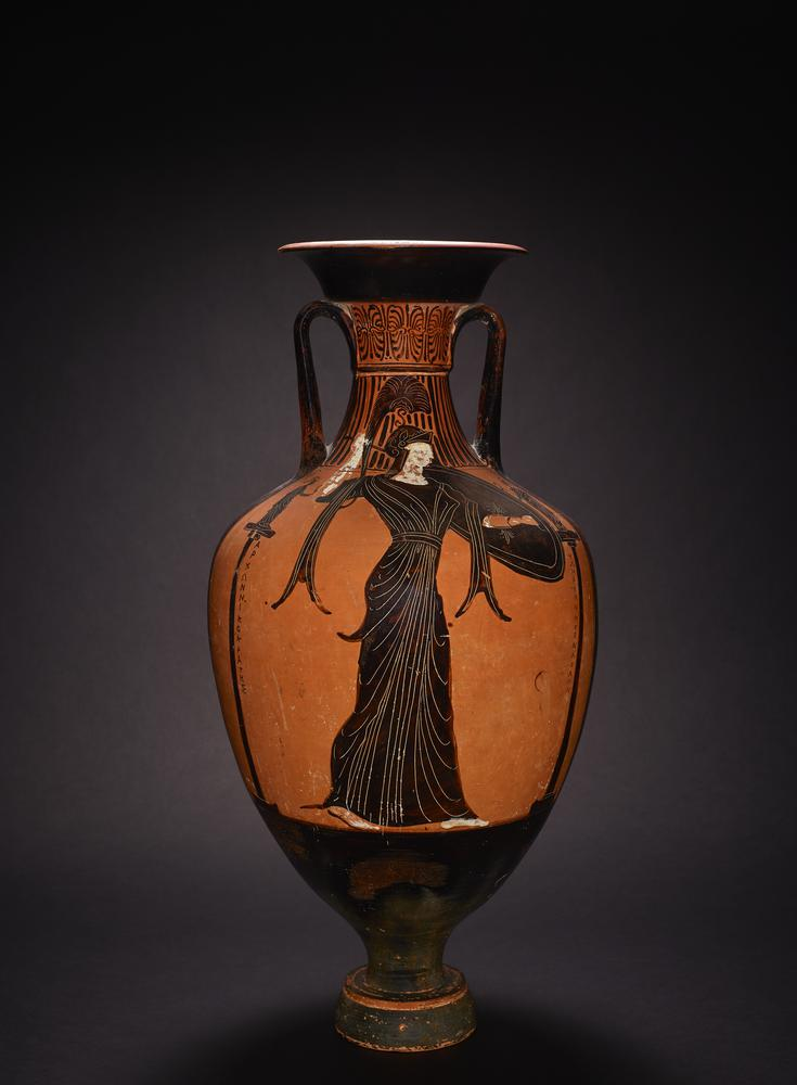 <p>333 BC -332 BC, black figure, armed Athena striding forwards, anthropomorphic depiction of the goddess, details reveal her power.</p>