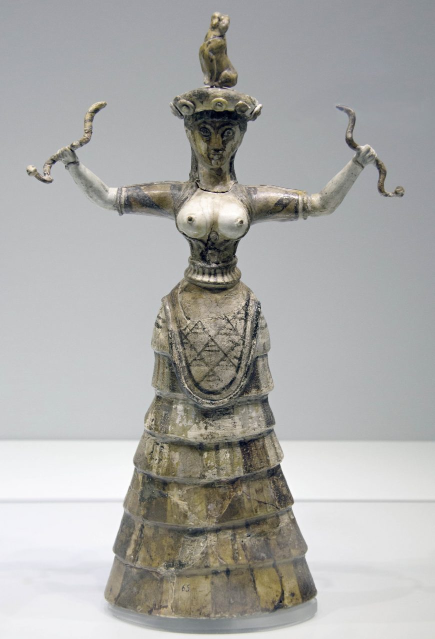 <p>Aegean Art: snake goddess (Minoan)</p>