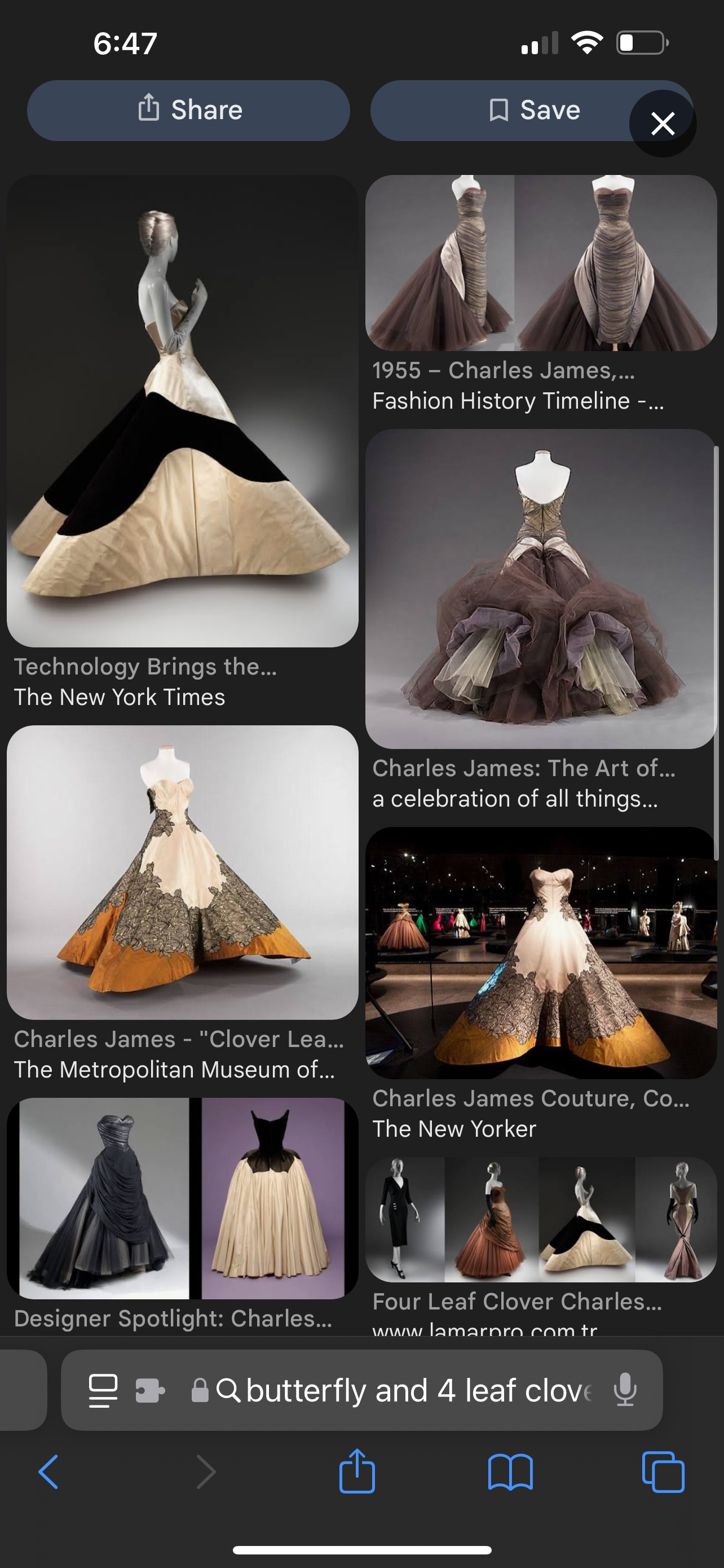 <p>American designer sculpture forms, and evening dresses, butterflies and four leaf clover dresses</p>