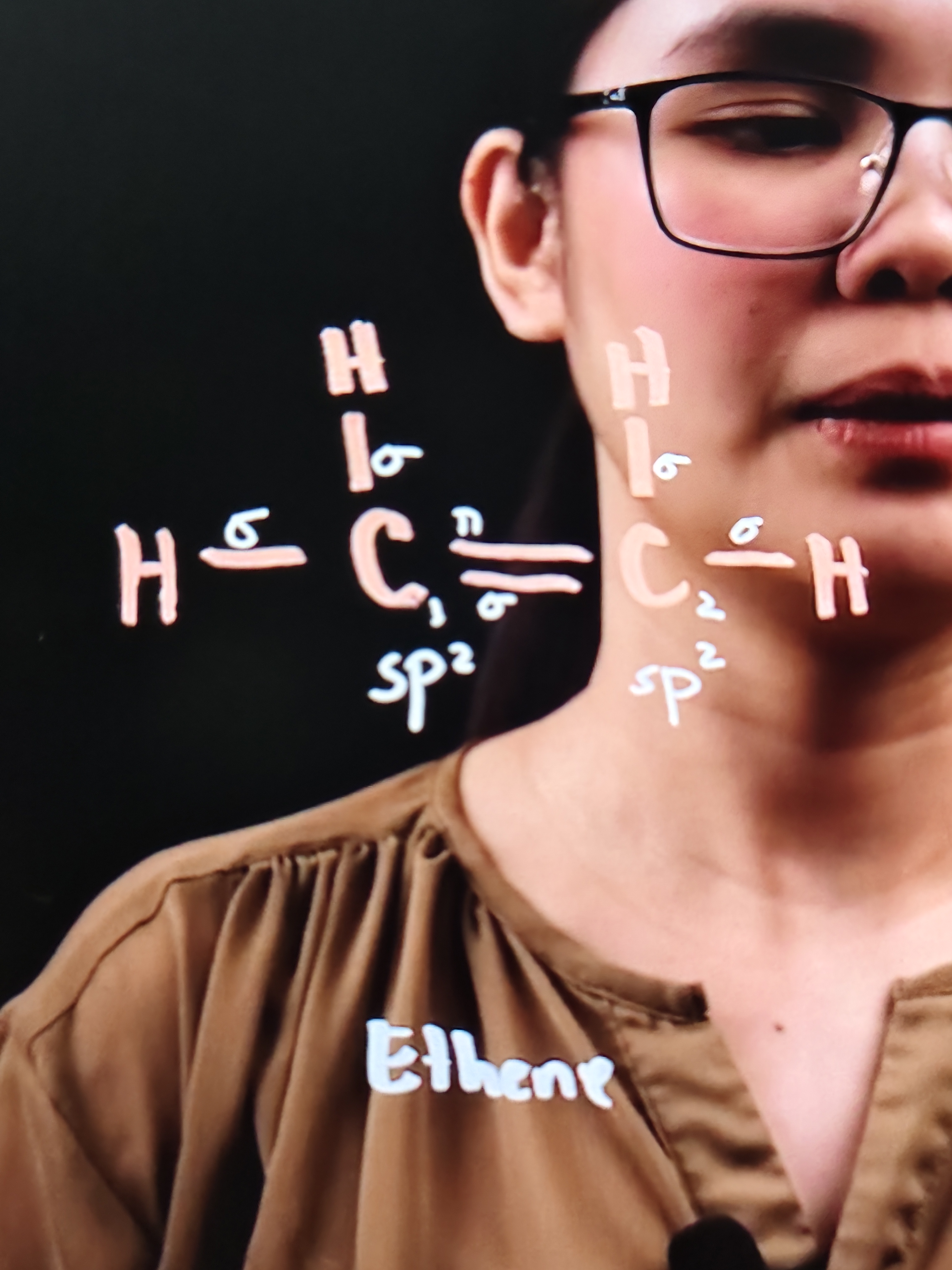 <ul><li><p>Attached to the 1st carbon is: 3 sigma bonds and 1 pi bond</p></li><li><p>Attched to the 2nd carbon is: 3 sigma bonds and 1 pi bond also</p></li><li><p>The hybridization is sp²</p></li></ul>