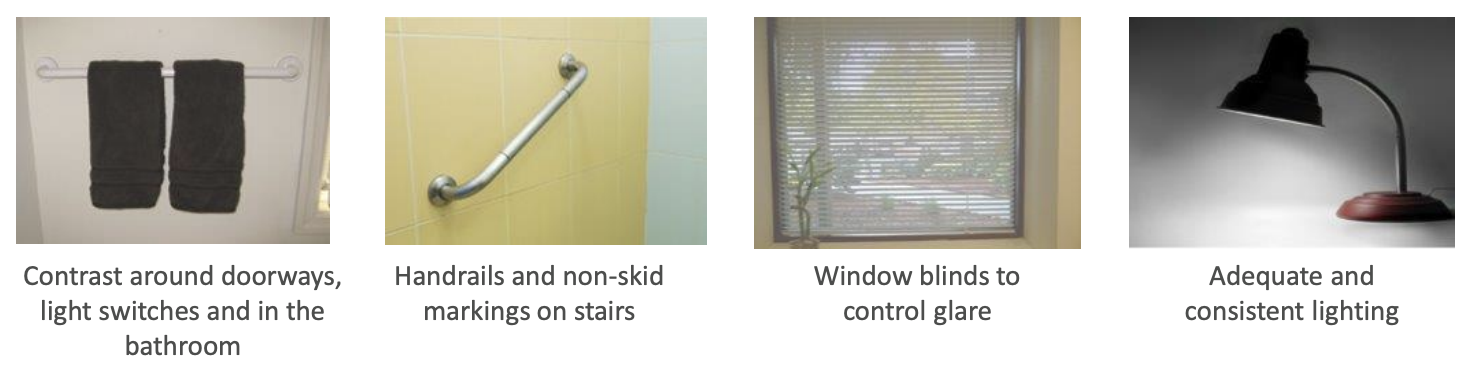 <ul><li><p>contrast around doorways; light switches in the bathroom </p></li><li><p>handrails and non-skid markings on stairs</p></li><li><p>window blinds to control glare </p></li><li><p>adequate and consistent lighting </p></li></ul><p></p>
