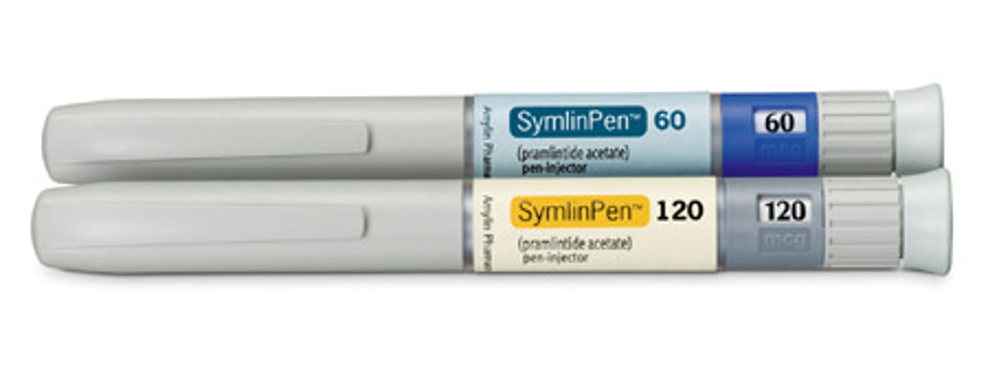 <p>SymlinPen</p><p>synthetic amylin analog</p><p>- amylin is secreted with insulin from beta cells</p><p>MOA: binds amylin receptors in the brain (area postrema), signaling alpha cells in pancreas </p><p>results:</p><p>- reduces post-prandial glucagon secretion/ liver glucose release</p><p>- delays gastric emptying</p><p>- produced satiety to suppress appetite</p><p>- adjunct for T1 and T2 with mealtime insulin when insulin therapy alone is insufficient</p><p>[box warning]: severe hypoglycemia, esp in T1</p>