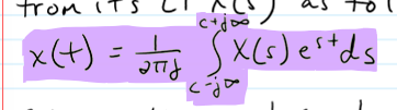 <p>c is a constant to ensure convergence of the integral; contour integral indicates that the LT indeed represents a CT signal as a sum of exponentally varying sinusoids</p>