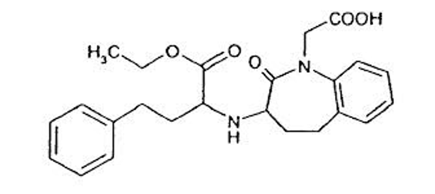 <p><strong>Brand: </strong>Lotensin</p><p><strong>Class: </strong>ACE inhibitor <strong> </strong></p><p><strong>MOA:</strong> Prevents the conversion of angiotensin I to angiotensin II. This reduces vasoconstriction and aldosterone production.</p>