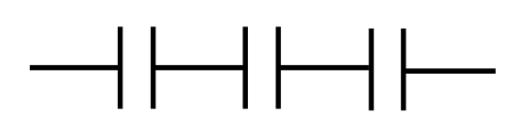 <p>Since they are in series, the equivalent capacitance will be equal to the reciprocal of the sum of reciprocals of each capacitor.</p><p>1/C<sub>eq</sub>= 1/C<sub>1 </sub>+<sub> </sub>1/C<sub>2 </sub>+<sub> </sub>1/C<sub>3</sub></p>