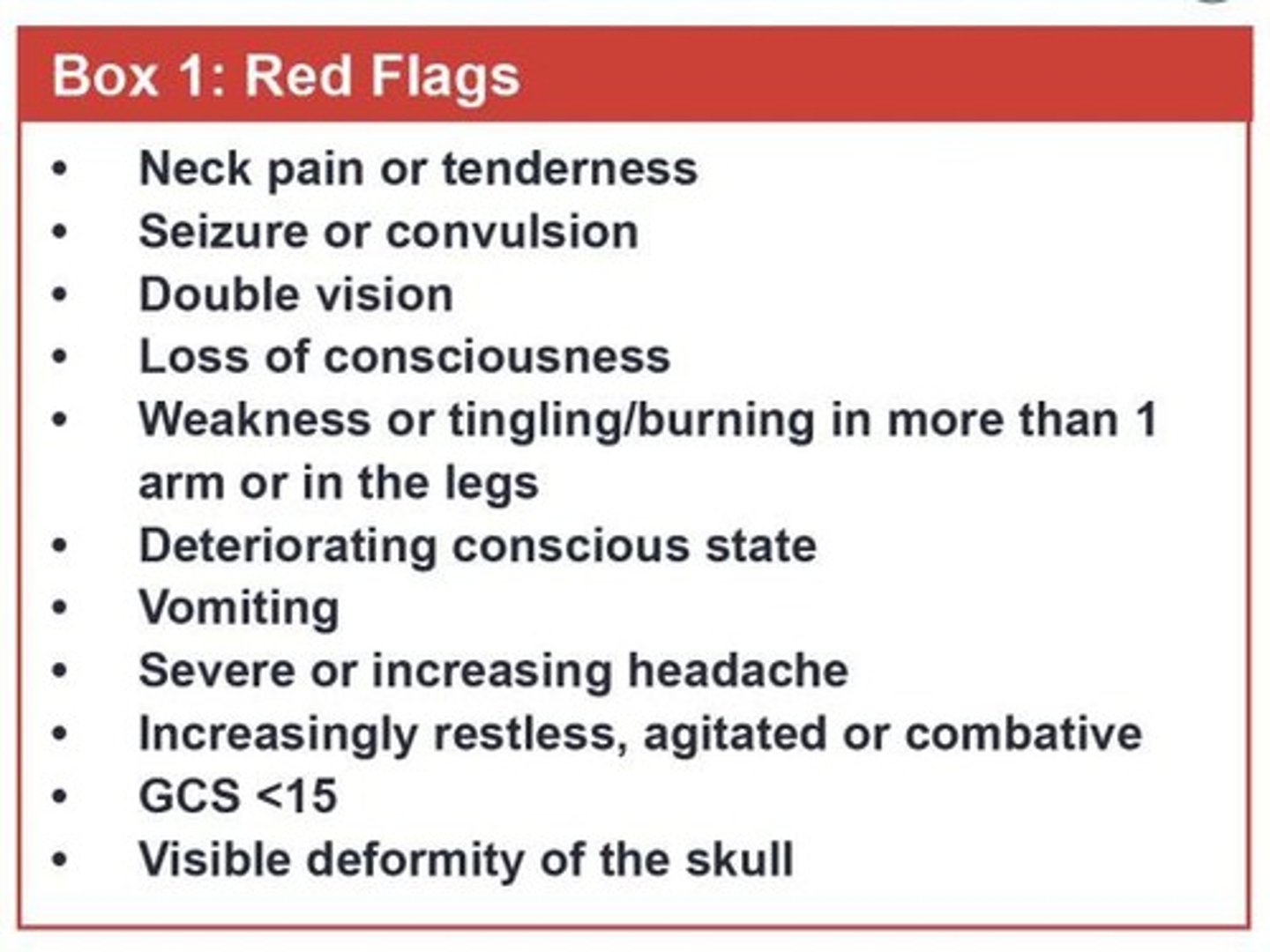 <p>- Neck pain, tenderness</p><p>- Double vision</p><p>- Weakness or tingling @ arms or legs</p><p>- Severe or increasing headache</p><p>- Seizure</p><p>- Loss of consciousness</p><p>- Deteriorating mental status</p><p>- Persistent vomiting</p><p>- ↑ restlessness</p>
