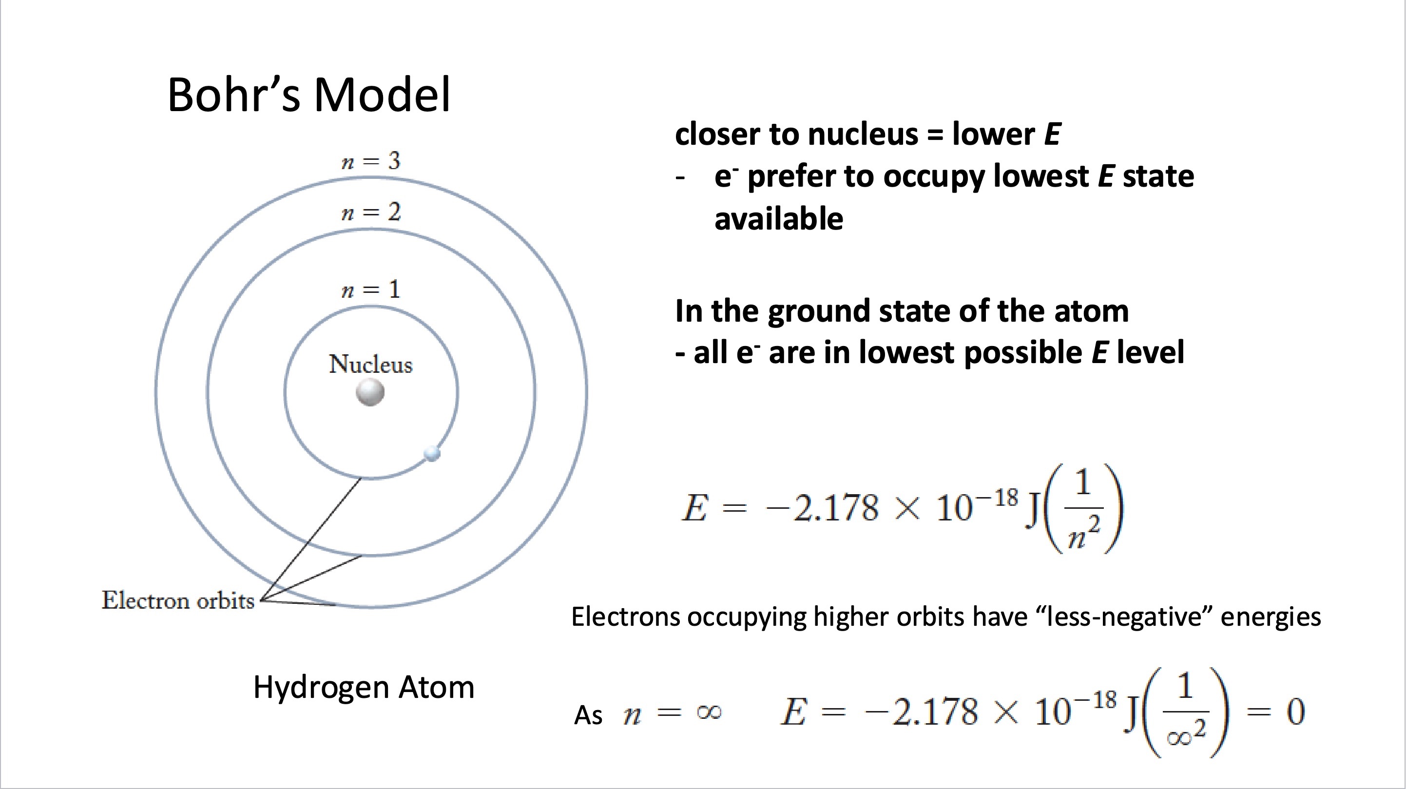 <p>Closer to nucleus = lower E</p><ul><li><p>e<sup>- </sup> prefer to occupy lowest <em>E</em> state available</p></li></ul><p></p><p>In the ground state of the atom</p><ul><li><p>all e<sup>-</sup> are in lowest possible <em>E </em>level</p></li></ul><p></p>