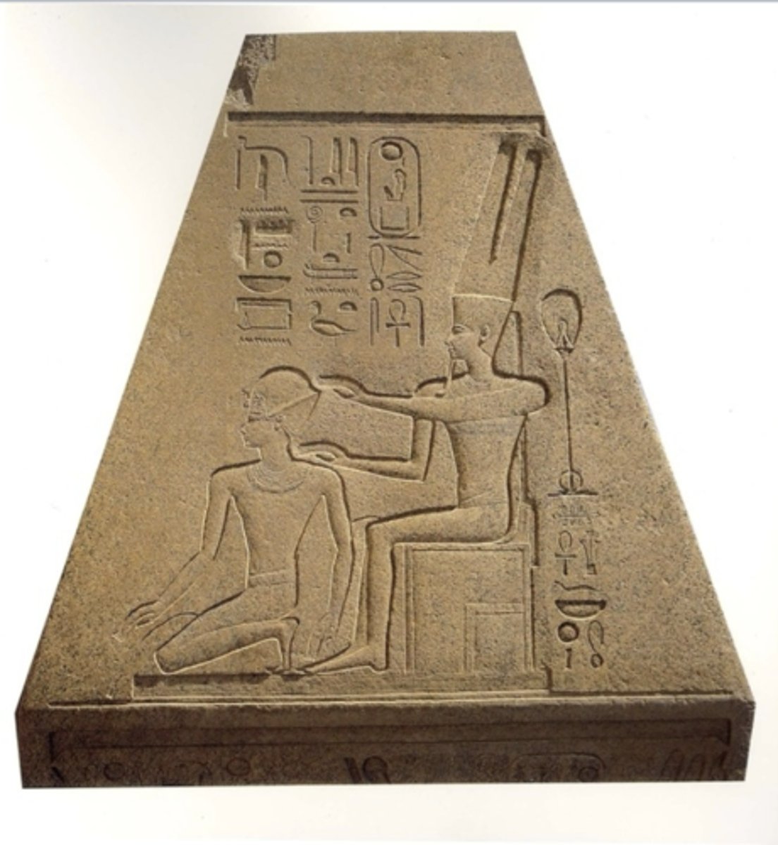 <p>- Kneeling king in front of a god</p><p>- Wearing a new crown, blue cap associated with war</p><p>- Hatshepsut (female king) being honored/confirmed as king by the God Amun</p><p>- You know that it is the god Amun because of the really tall crown</p>