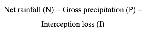 <p>Some precipitation does not reach the surface because it is caught by vegetation (e.g., trees) and evaporated back into the atmosphere.&nbsp;</p><p>Net rainfall = the remaining water which reaches the ground beneath the vegetation. </p><p><strong>Throughfall</strong> and<strong> Stemflow </strong></p><ul><li><p>rainfall that falls through spaces in the vegetation canopy. </p></li><li><p>water trickling along twigs and branches. </p></li></ul><p></p>