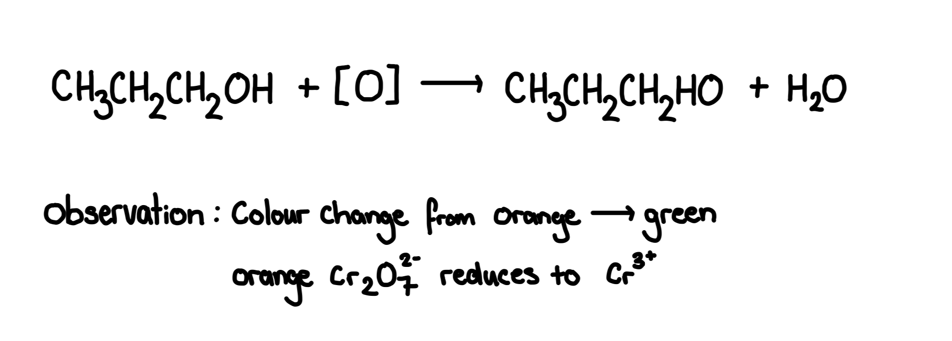 <p>Primary alcohols are partially oxidised into aldehydes</p><p>Reagent: acidified potassium dichromate(K2Cr2O7), dilute H2SO4 Conditions for aldehyde: warm gently,distill out until aldehyde forms.</p>