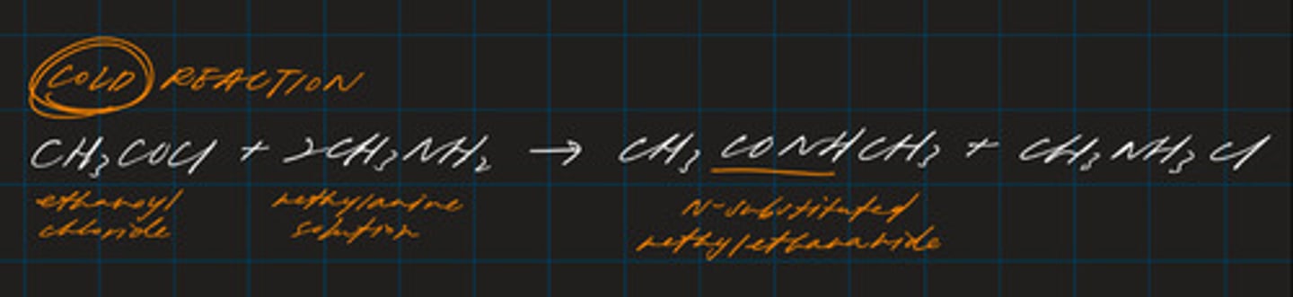 <p>- an addition-elimination reaction</p><p>- forms the CONH group</p><p>- unlike the reactions between ethanoyl chloride and water / ethanol, HCl is NOT produced</p><p>- this is because HCl immediately reacts with excess conc methyl amine to give methylammonium chloride</p><p>- otherwise, HCl can be formed instead</p>