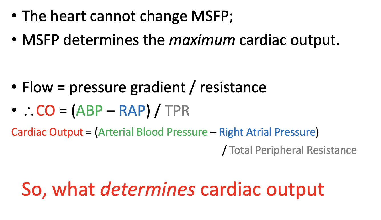 <ol><li><p>Darcy’s law: Flow=pressure difference/resistance</p></li><li><p>therefore arteriovenous pressure difference produces blood flow:</p><ul><li><p>CO= (ABP-RAP)/TPR</p></li><li><p><em>arterial blood pressure-right atrial pressure/total preipheral resistance</em></p></li></ul></li></ol><p></p>