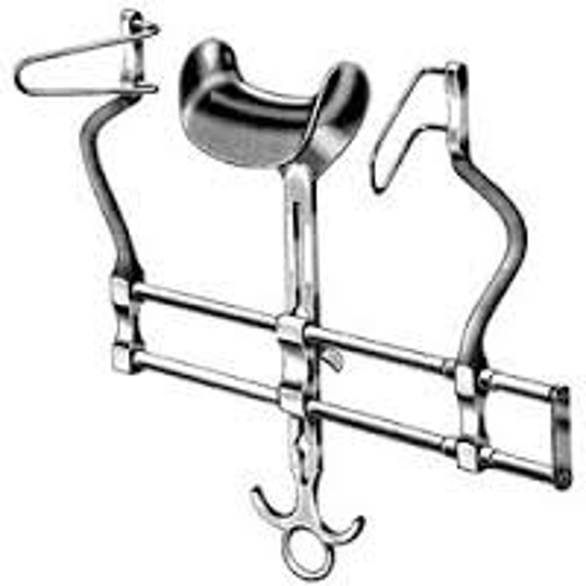 <p>This is a self retaining retractor that has a long rod with two attached loops on either side and a central retractor blade. The loops can be pushed apart to open up the wound, and a ratcheting device holds them in place. The central blde can be raised or lowered to increase the view of the surgical field. This is used to retract wound edges during deep abdominal procedures.</p><p>(this just looks like a torture device)</p>