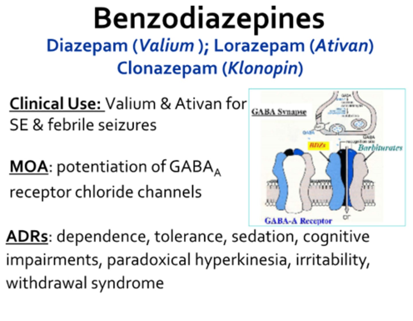 <p>Valium</p><p>antispastic + antispasmodic</p><p>MOA: GABAa receptor agonist (ion channel)</p><p>- CYP2C19 and CYP3A4 metabolize to active metabolite</p><p>- ADEs: drowsiness, sedation, behavioral changes, dependence potential</p><p>- avoid abrupt d/c due to rebound spasticity, seizures, and hallucinations</p>