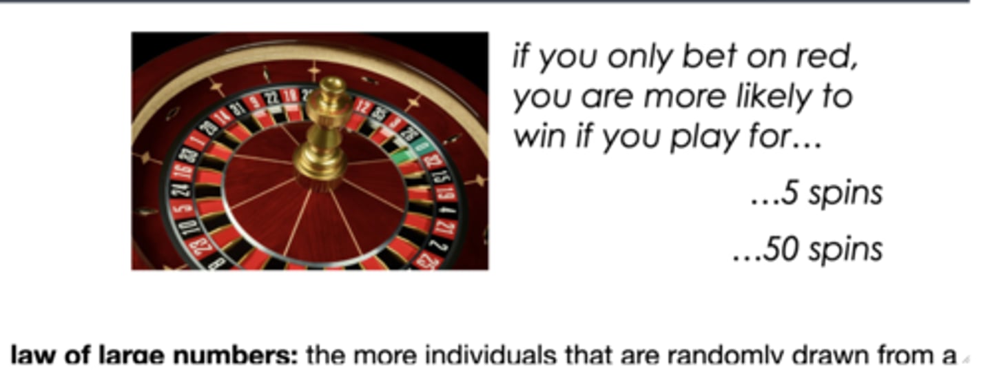 <p>the more individuals that are randomly drawn from a population, the more representative the group will be of the entire population</p>
