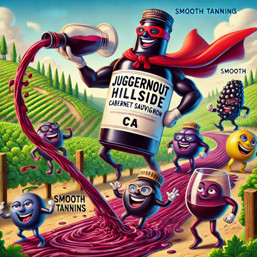 The scene features joyful blackberry jam jars and cassis berries sliding down velvety vanilla-flavored hills, a heroic wine bottle pouring rich red wine, and playful tannins diving into a silky-textured river. This vibrant and surreal depiction captures the wine's opulent and rich flavor profile in a fun, memorable way!